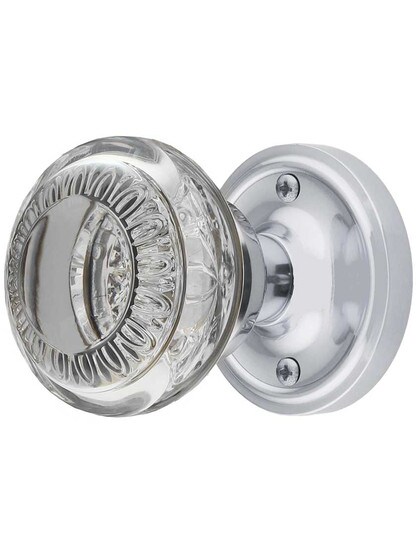 Classic Rosette Door Set with Ovolo Crystal-Glass Knobs in Polished Chrome.